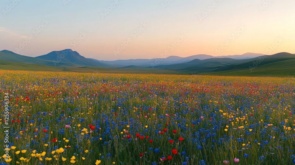 Fototapeta premium A wide-angle shot of a meadow with colorful wildflowers beginning to bloom under the soft morning light, symbolizing the awakening of the natural world.