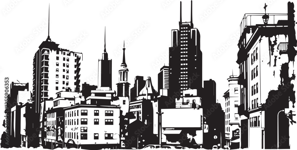 Obraz premium City landscape. Line urban backdrop. Different buildings on street, outline cityscape hand sketch, flat houses. Hand drawn vector illustration