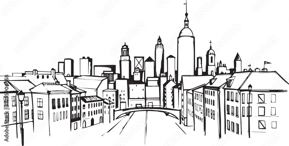 Obraz premium City landscape. Line urban backdrop. Different buildings on street, outline cityscape hand sketch, flat houses. Hand drawn vector illustration
