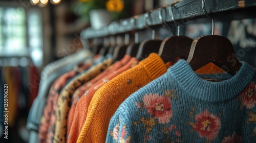 Colorful sweaters hanging in boutique with bright decor and natural light