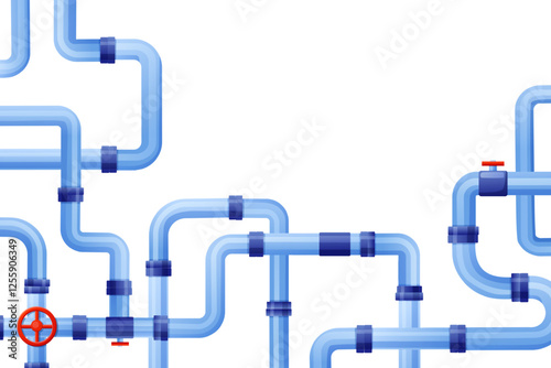 Pipeline system background. Industrial pipes with valves for water gas fuel oil. Isolated cartoon plastic or metal pipelines, nowaday vector poster