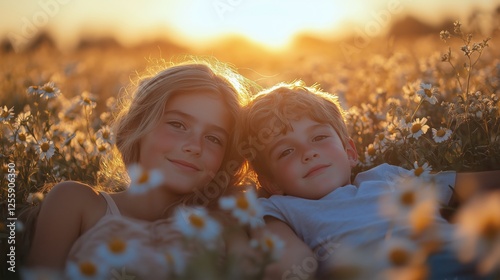 Children enjoying a warm sunset among wildflowers in a golden field