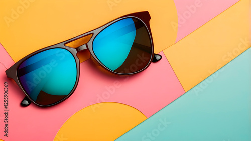Sunglasses on bright colored background top view. Summer banner with space for text. Summer unisex accessory.
