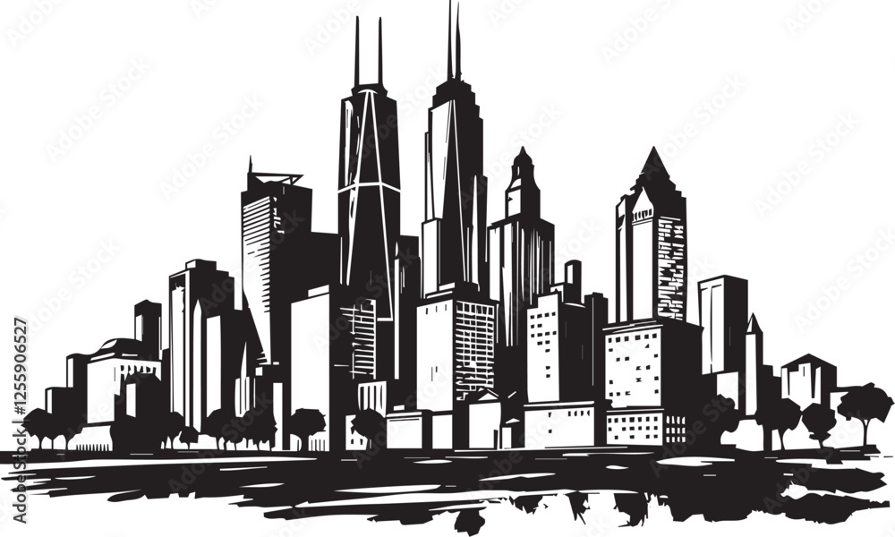 Obraz premium City landscape. Line urban backdrop. Different buildings on street, outline cityscape hand sketch, flat houses. Hand drawn vector illustration