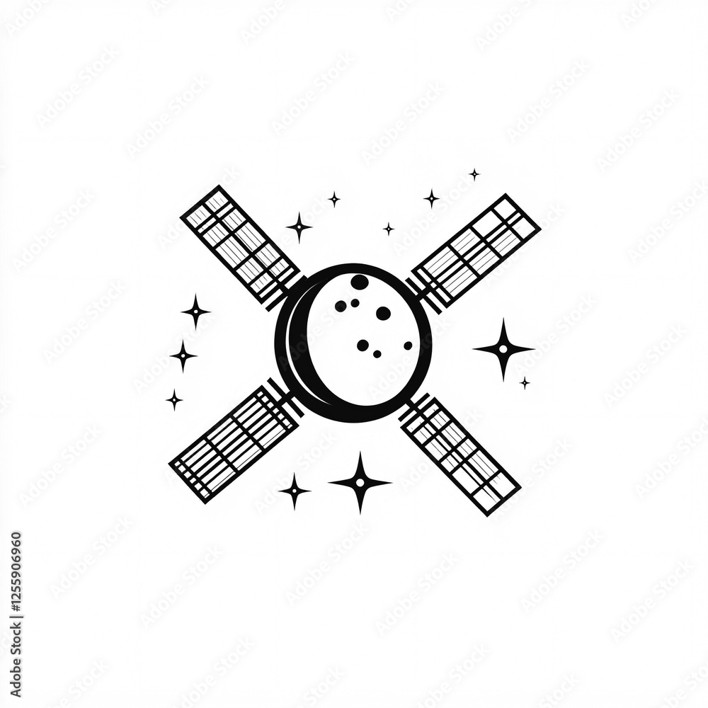 Line art symbol of a satellite orbiting Earth on a white background Line art symbol of a satellite orbiting Earth on a white background