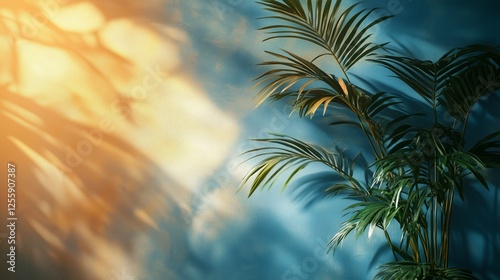Soft light casts shadows on palm leaves in a tranquil indoor setting