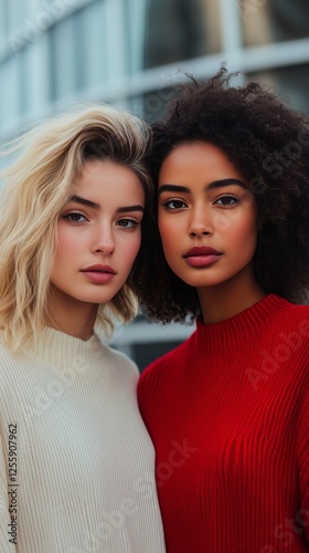Two women posing together in stylish sweaters outdoors with a modern urban ba...