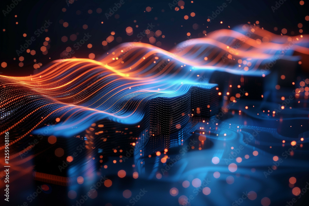 Obraz premium Abstract Futuristic Background with Vibrant Blue and Orange Waves Illuminating Digital Cityscape