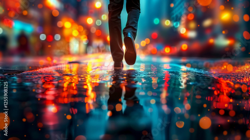 Dynamic and futuristic urban scene depicting the reflective journey of a solitary figure amidst vibrant neon city lights and rain-soaked streets