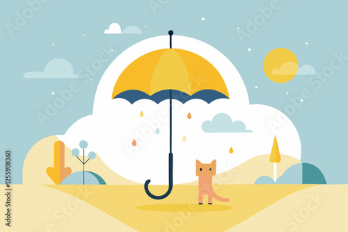  Cute Cartoon Cat with Yellow Umbrella and Tiny Bird in Kawaii Minimalist Style