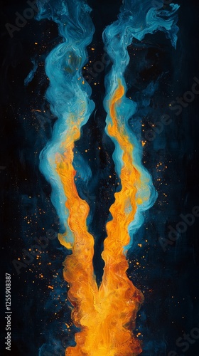 Vibrant flames and smoke create dynamic contrast in abstract art