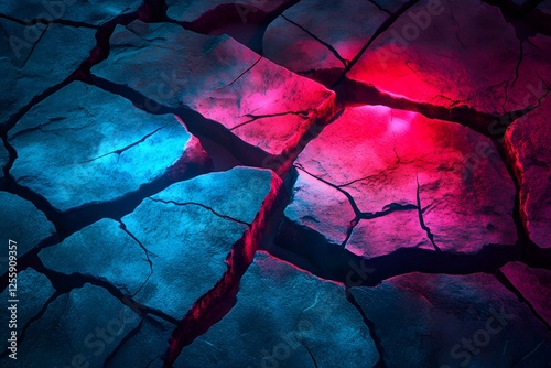 A closeup of a cracked surface lit by red and blue lights, creating a dramatic and colorful contrast between the cracks.