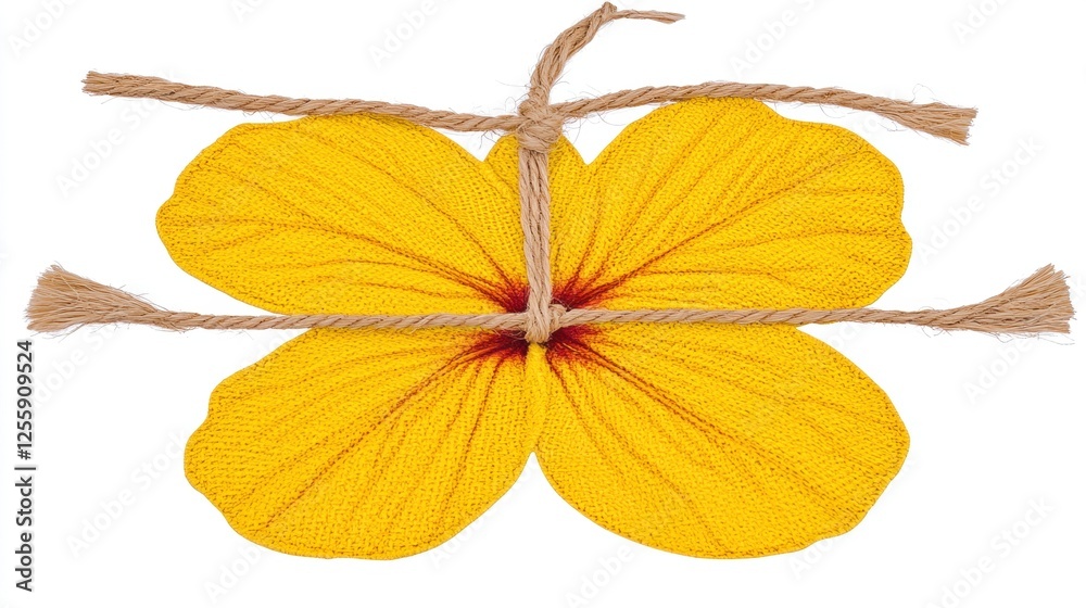Obraz premium Delicate Yellow Pressed Flower Art Display with Twine String on White Background