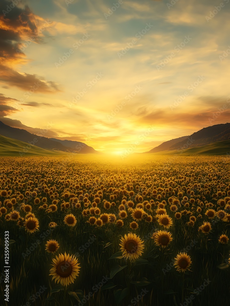 Obraz premium A breathtaking field of sunflowers stretches towards a vibrant sunset, creating a serene and picturesque landscape.