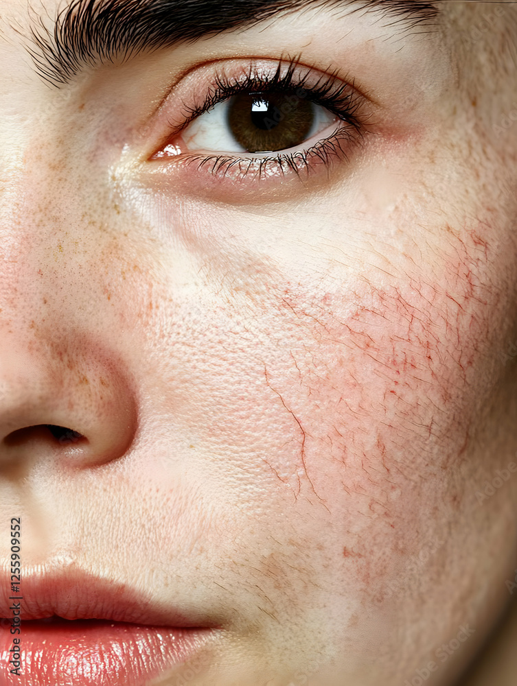 Fototapeta premium Close-up of young woman's face highlighting natural skin textures and expressive features during golden hour light