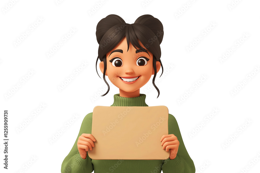 Smiling young woman cartoon character holding an empty cardboard poster with copy space on white background Smiling young woman cartoon character holding an empty cardboard poster with copy space on white background