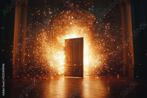 Door bursting with vibrant flames in an ornate interior space creates a drama...