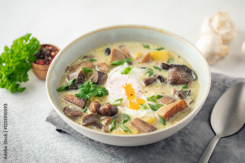 Homemade Kulajda is traditional Czech thick soup, with mushrooms, potatoes, cream and poached egg in bowl Homemade Kulajda is traditional Czech thick soup, with mushrooms, potatoes, cream and poached egg in bowl