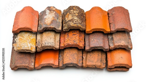 Collection of Vintage Terracotta Roof Tiles in Various Colors and Textures Arranged on White Background