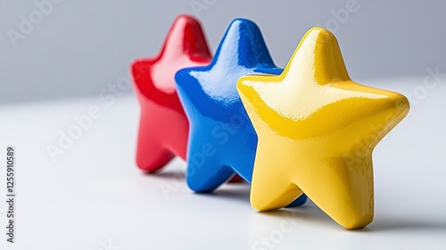 Colorful Geometric Stars in Red, Blue, and Yellow Arranged on a Minimalist White Surface