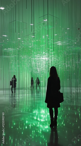 Visitors engage with immersive art installation illuminated by green light