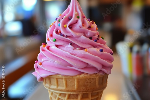 Colorful pink soft serve ice cream in a waffle cone topped with sprinkles