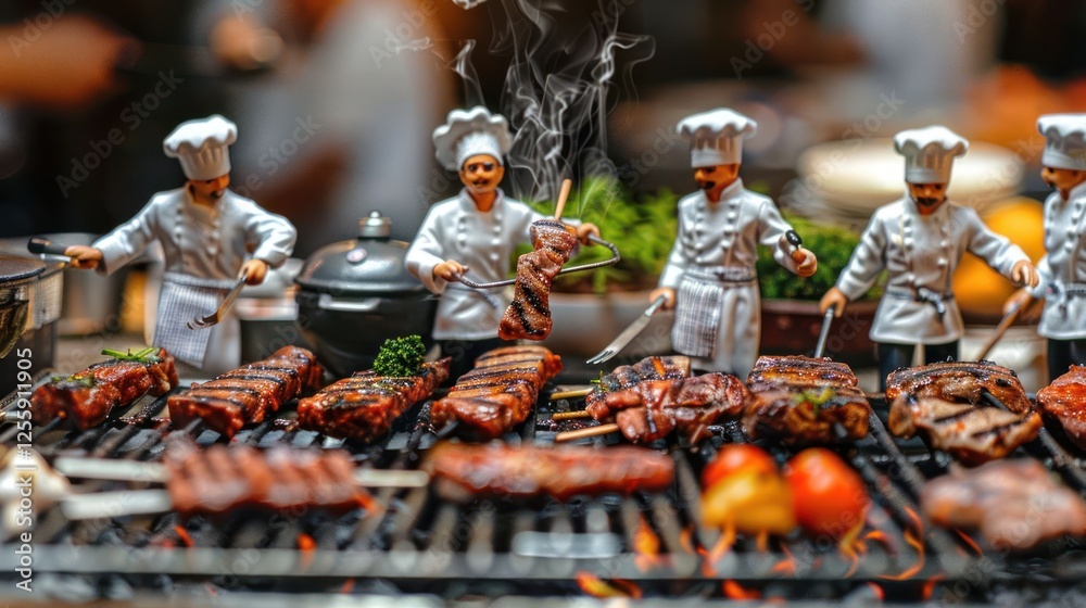 Miniature chefs grilling various meats on a barbecue, creating an inviting culinary scene. Miniature chefs grilling various meats on a barbecue, creating an inviting culinary scene.