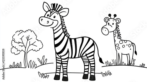 Cartoon zebra and giraffe in a simple landscape. Possible use for children's book illustrations or coloring pages photo