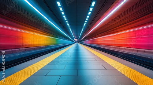 Vibrant tunnel with colorful lights and yellow line serving as a platform ind...
