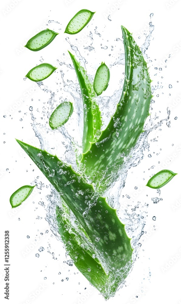 Aloe vera leaves and slices are splashing in clean water, creating a refreshing image promoting natural skincare and healthcare Aloe vera leaves and slices are splashing in clean water, creating a refreshing image promoting natural skincare and healthcare