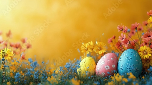 Colorful eggs nestled among vibrant flowers during Easter celebration in a su...