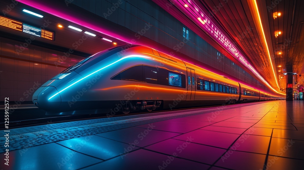 Brightly lit modern train platform with vibrant neon lights at a bustling city station Brightly lit modern train platform with vibrant neon lights at a bustling city station