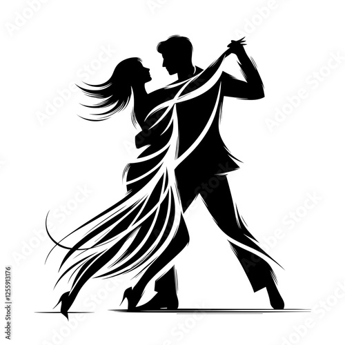 Elegant black and white silhouette of a dancing couple in a passionate ballroom pose, featuring flowing artistic lines, symbolizing romance, movement, and connection in modern vector illustration