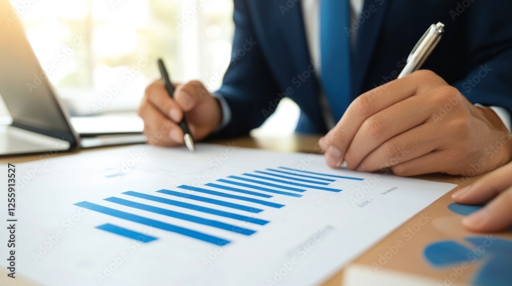 Analyzing business charts, financial data for strategic planning concept Analyzing business charts, financial data for strategic planning concept