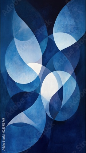 Abstract composition using various shades of blue with dynamic shapes and curves