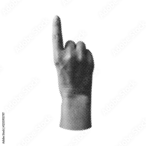 Halftone grainy pointing up hand retro noise photocopy effect, vector arm forefinger gesture grunge stipple dots texture