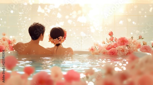 Romantic couple in a flowerdecorated bathtub surrounded by soft lighting and serenity photo