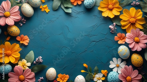 Colorful floral arrangement with Easter eggs on a blue background