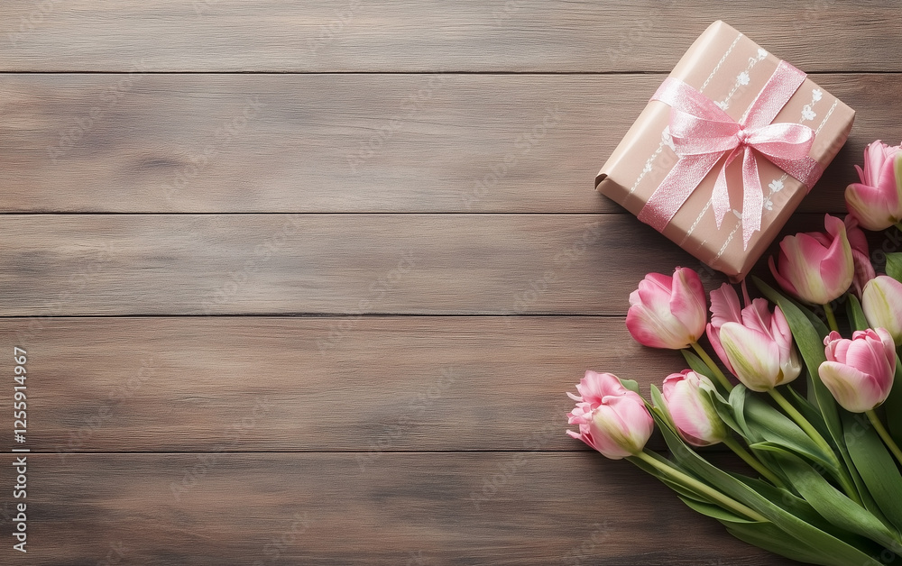 Pink tulips and gift box on pastel background  
