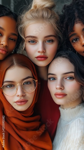 Diverse group of young women with different styles and expressions smiling to...