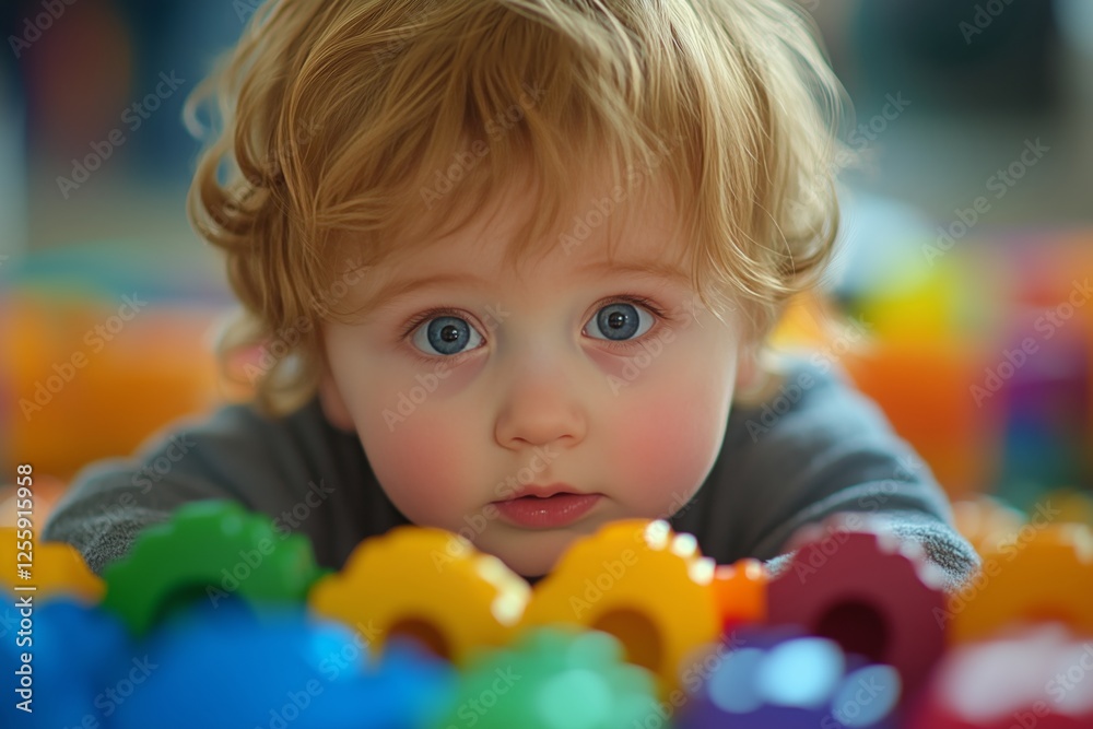 Child playing with colorful toys on a bright floor in a cheerful indoor environment Child playing with colorful toys on a bright floor in a cheerful indoor environment