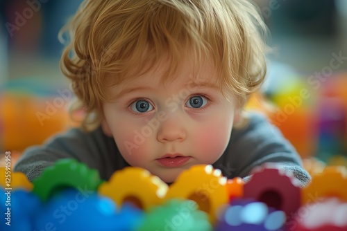 Child playing with colorful toys on a bright floor in a cheerful indoor envir...