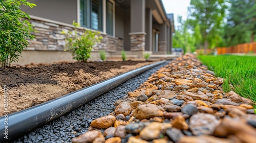 Landscape features with gravel path and irrigation system in a residential garden