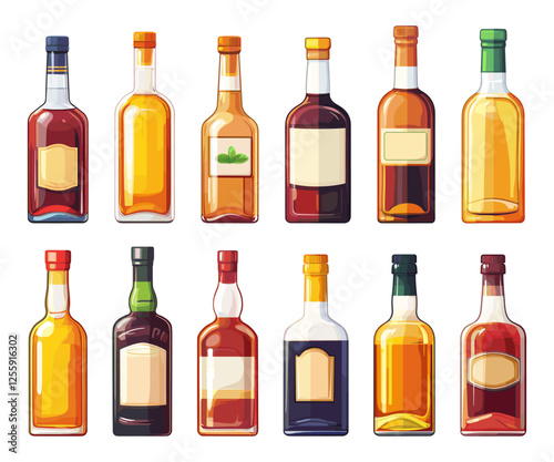 Alcohol Bottles Vector Illustration Minimalistic Icons Set Whiskey Vodka Rum Gin and Wine Bottles Simple Line Art Icons Set of Different Alcoholic Drink Bottles on White Background
