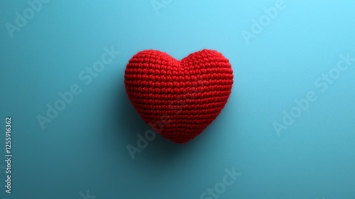 A vibrant red, crocheted heart rests on a soft blue background, symbolizing love and creativity.