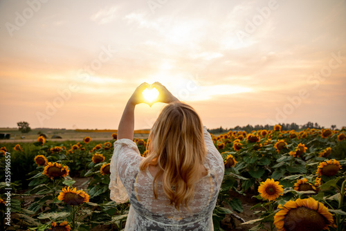 Fototapeta Naklejka Na Ścianę i Meble -  Sunflower field sunset summer heart