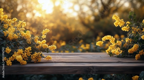 Vibrant yellow flowers surround a rustic wooden table in a tranquil garden at...