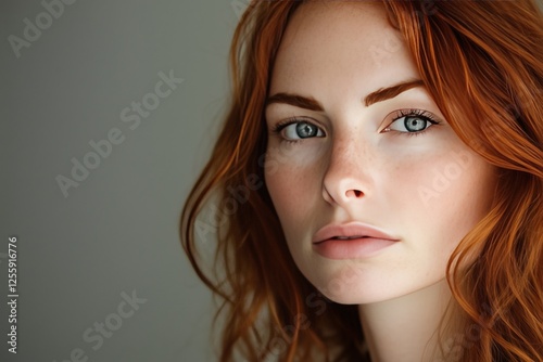 Model with vibrant red hair and striking blue eyes poses softly against a neu...