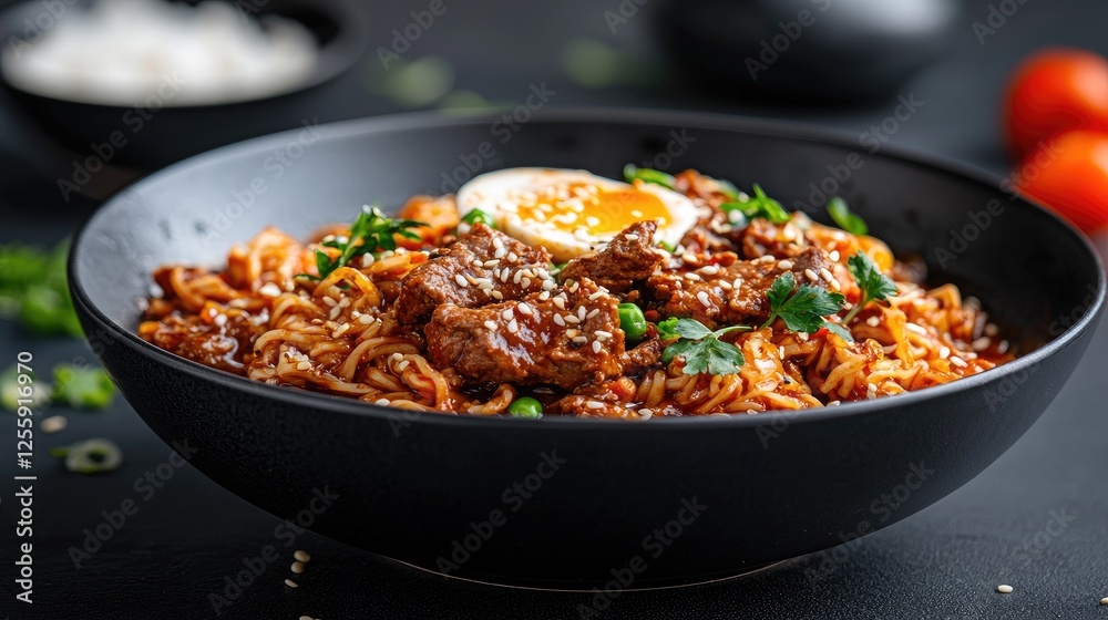 Beef ramen in black bowl on dark background, ready to eat Beef ramen in black bowl on dark background, ready to eat