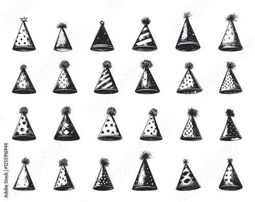 Birthday Party Hats Icons Set Black and White Linocut Print Style Celebration Hats Party Headgear Festive Accessories Monochrome Illustrations Event Decorations Party Wear